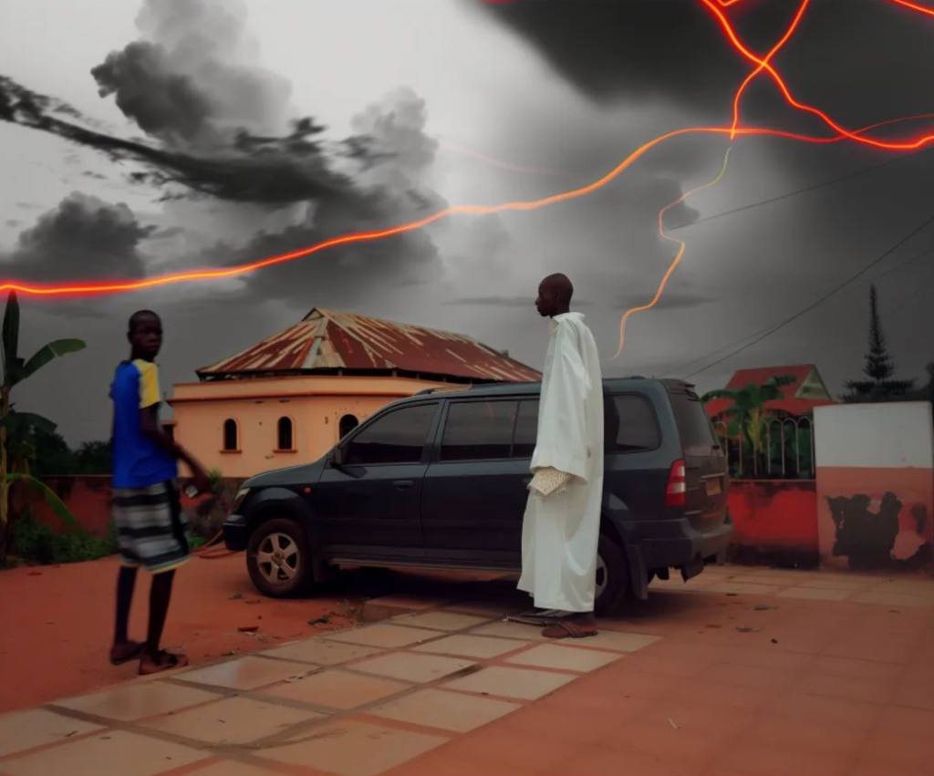 Deux personnes africaines à côtés d'un 4X4 alors que l'orage gronde.