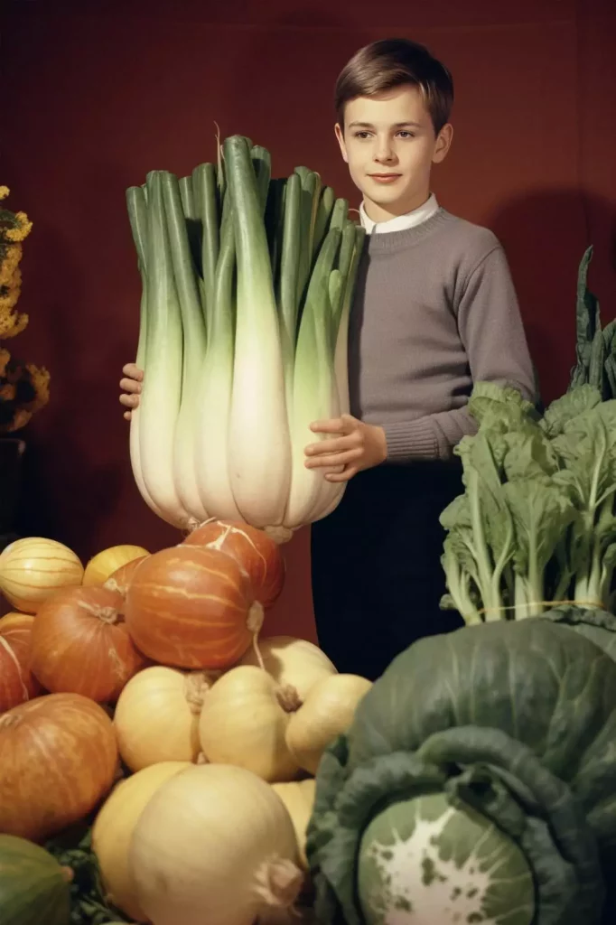 Un jeune garçon tenant un légume XXL entre les mains.